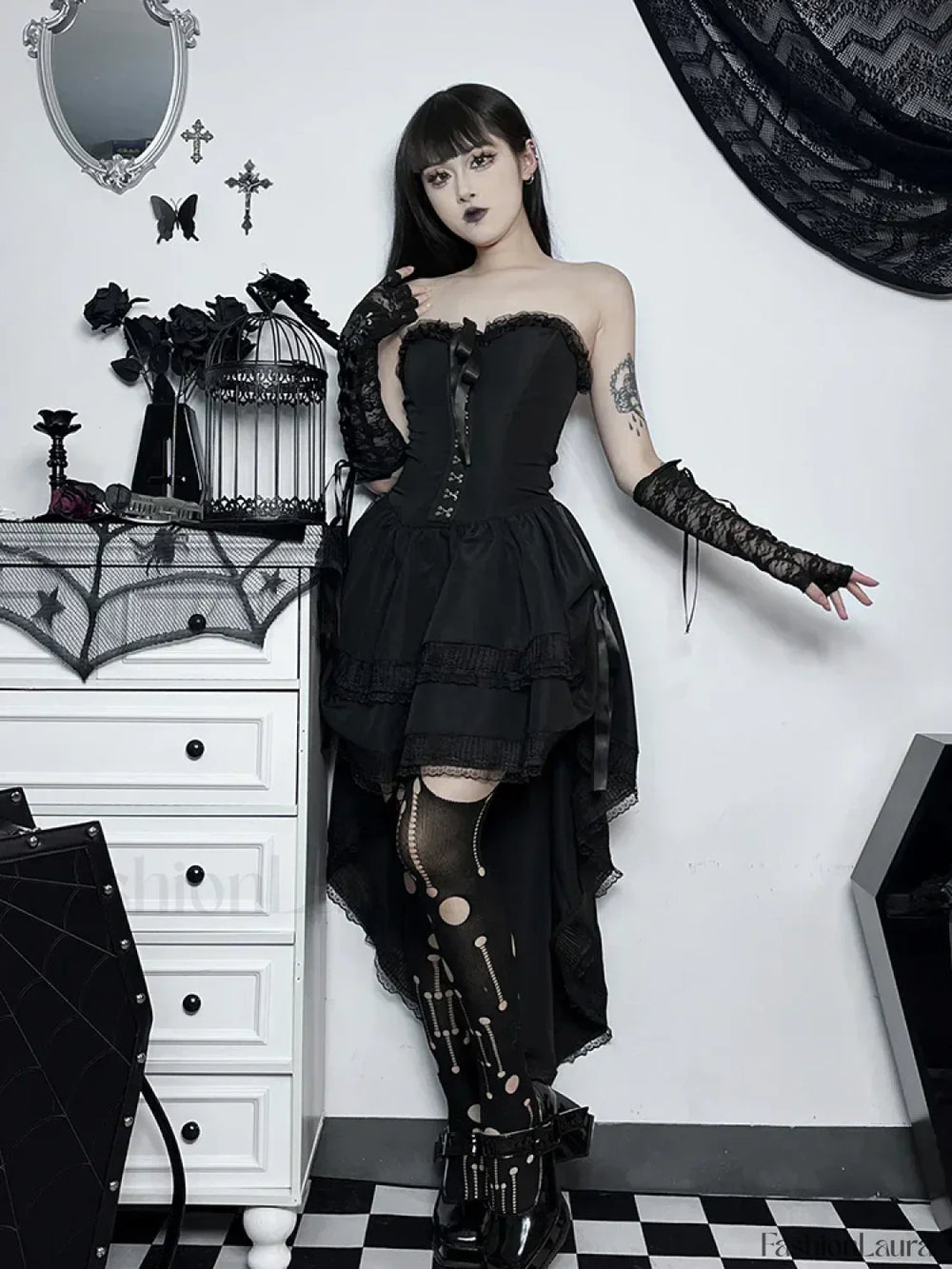 Gothic Bodycon Lace Hi Trim Corset Low Swing Evening Strapless Sleeveless Dress