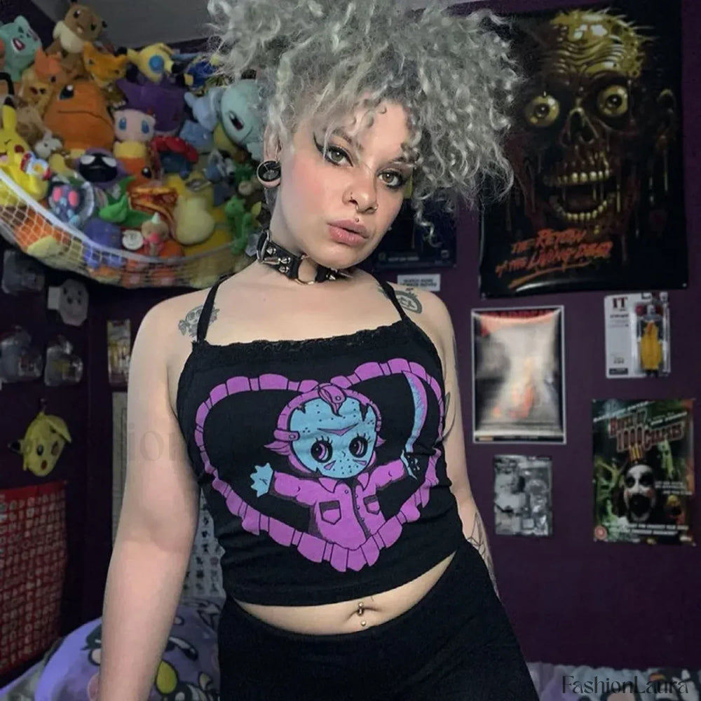 Gothic Crop Navel U neck Exposed Lace Trim Top