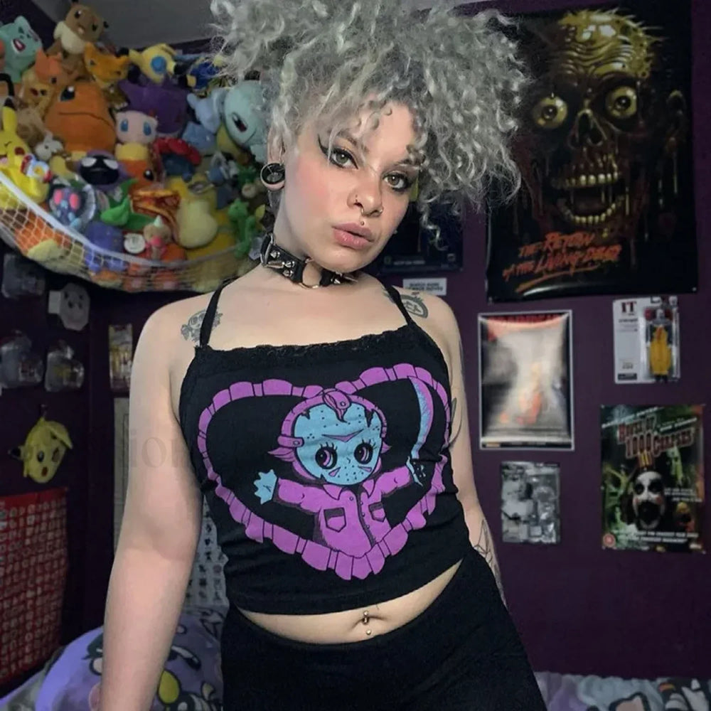 Gothic Crop Navel U neck Exposed Lace Trim Top