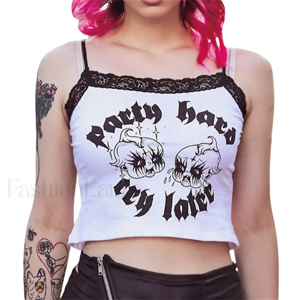Gothic Crop Navel U neck Exposed Lace Trim Top WHITE / S