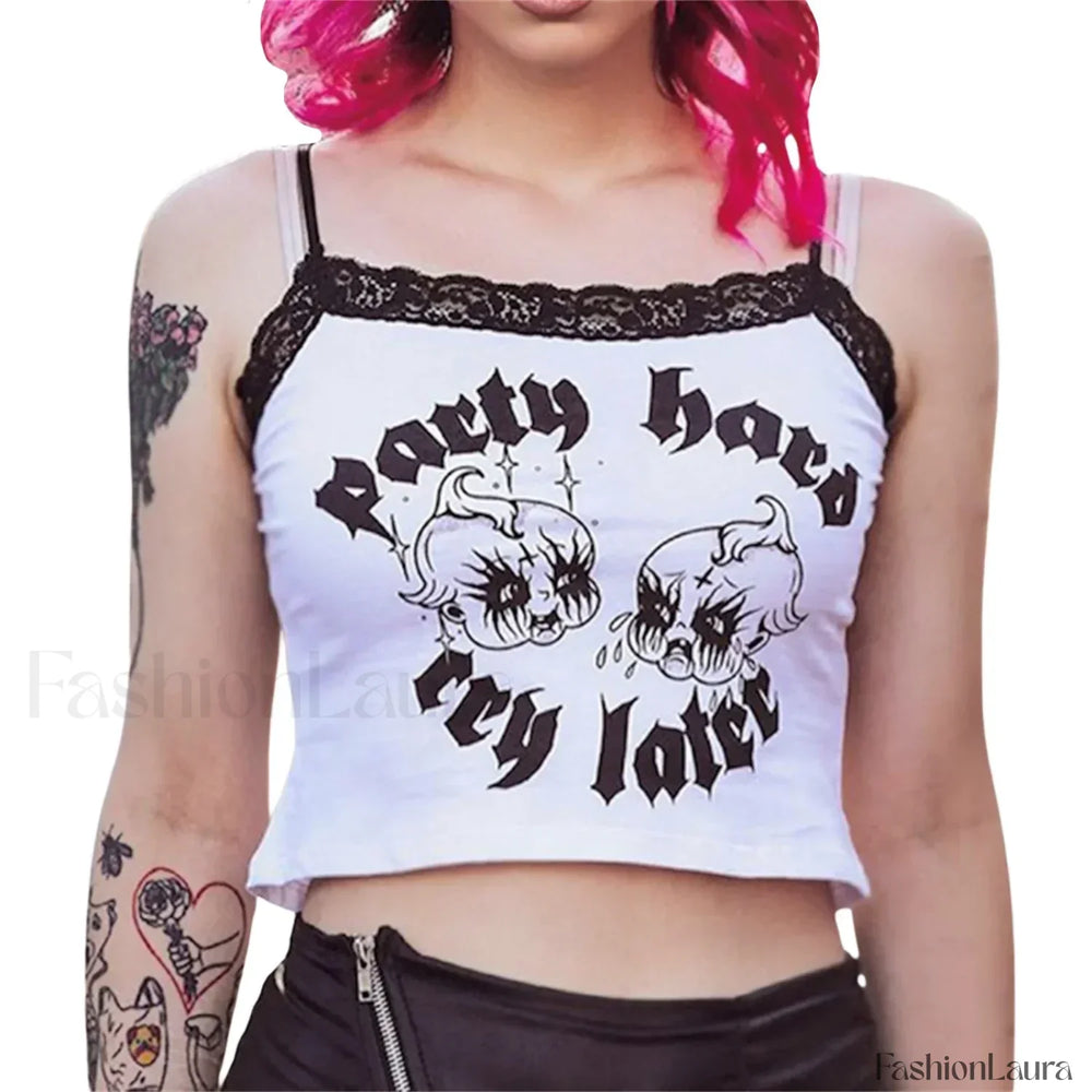 Gothic Crop Navel U neck Exposed Lace Trim Top WHITE / S