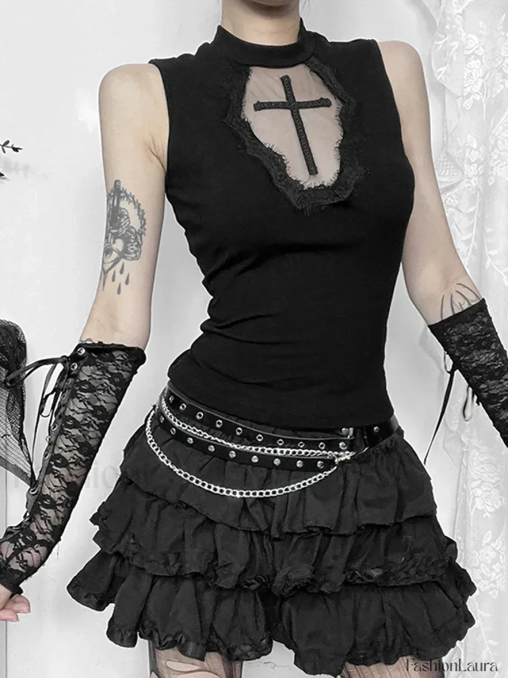 Gothic Dark Cross Mesh See Through Grunge Alternative Crop Top Black / S