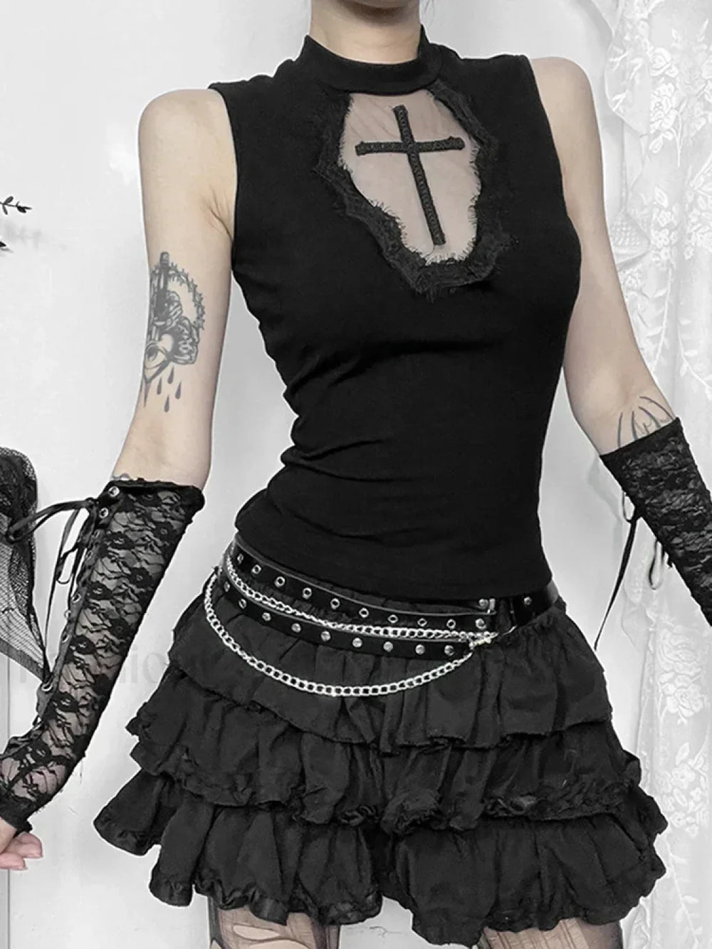 Gothic Dark Cross Mesh See Through Grunge Alternative Crop Top Black / S