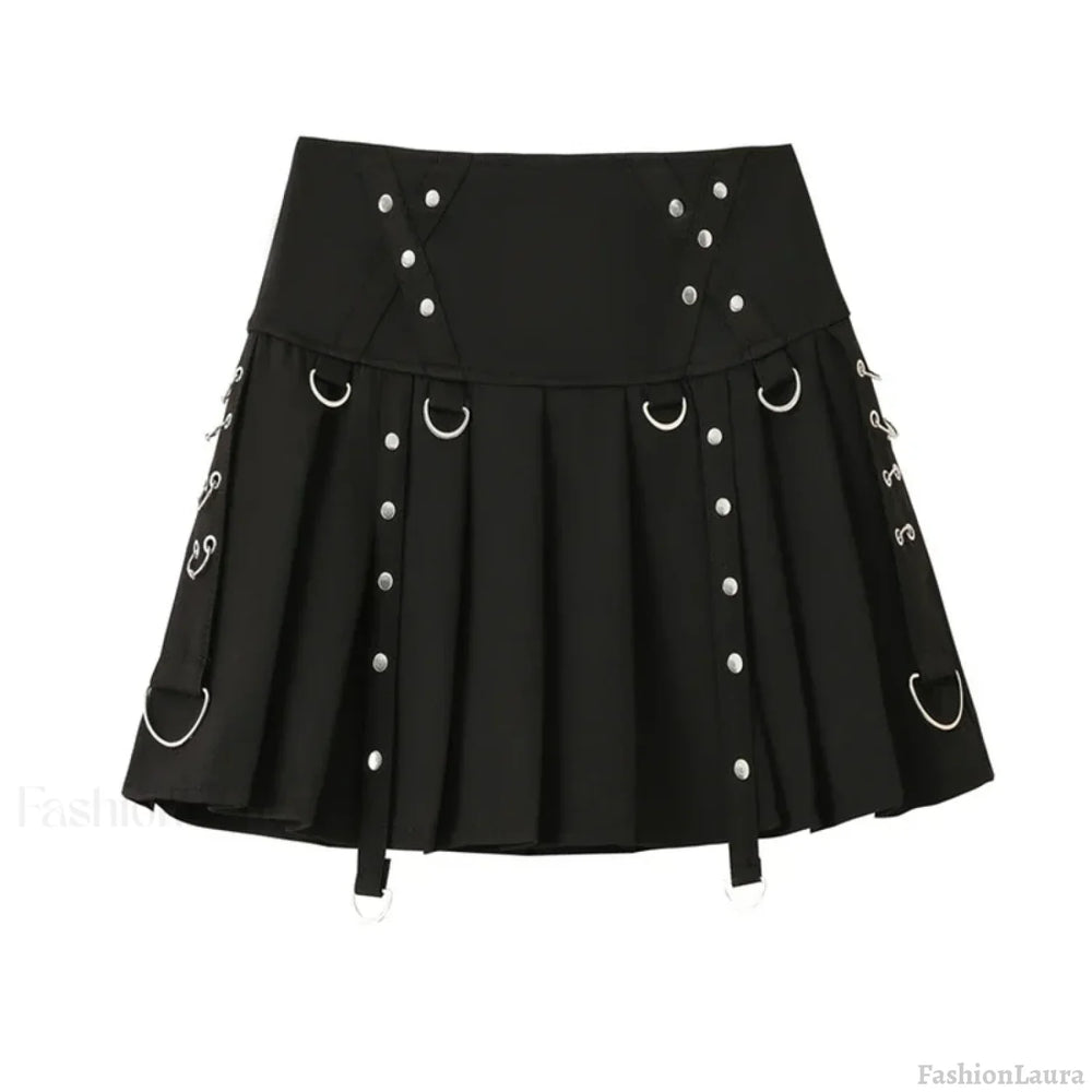 Gothic Diablo Harajuku Personality Spice Rivet Metal Buckle Streamer Low Waist A Version Short Pleated Skirt BLACK / S