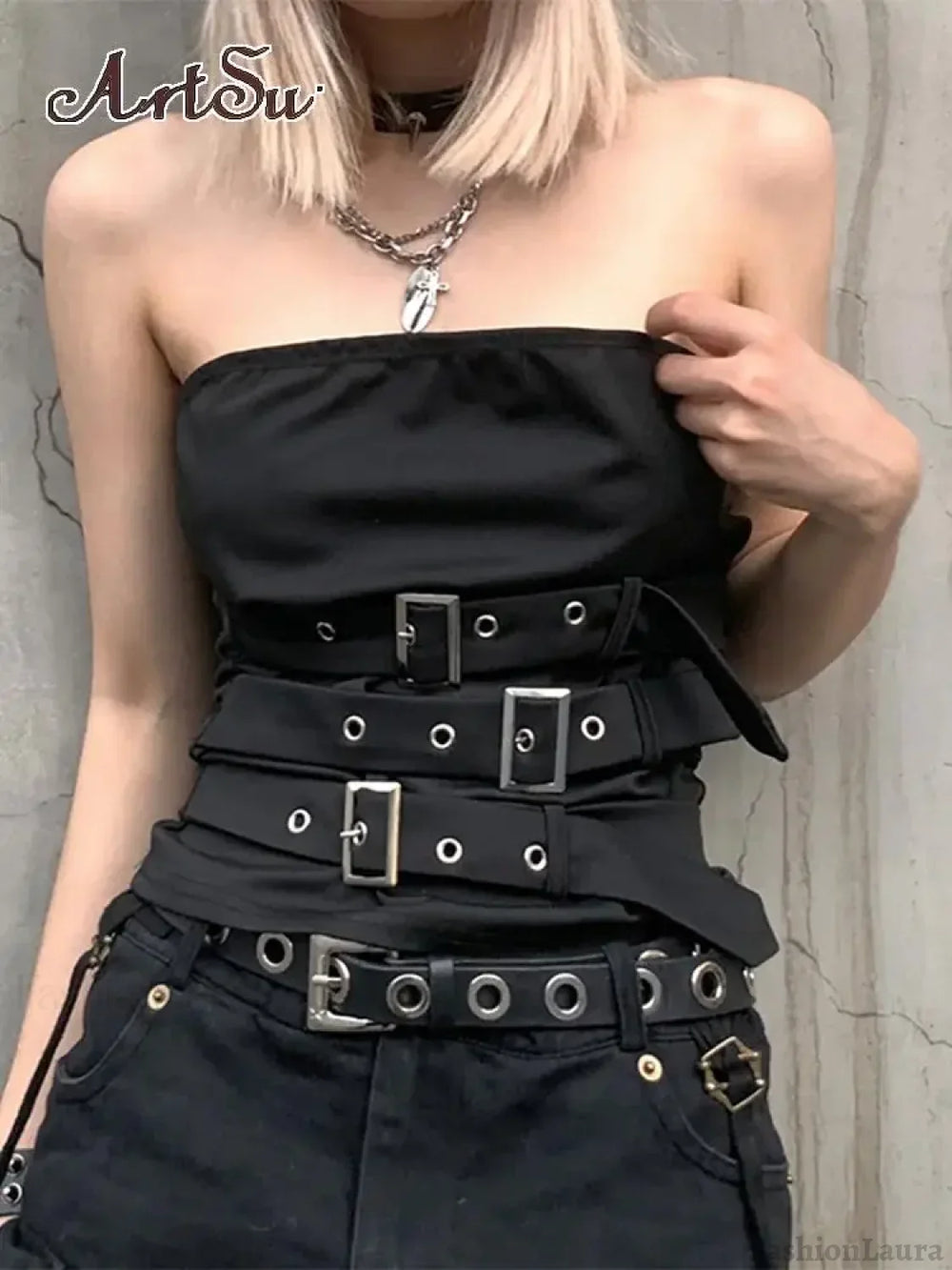 Gothic Eyelet Bandage Design Punk Black Sleeveless Crop Top Black / S