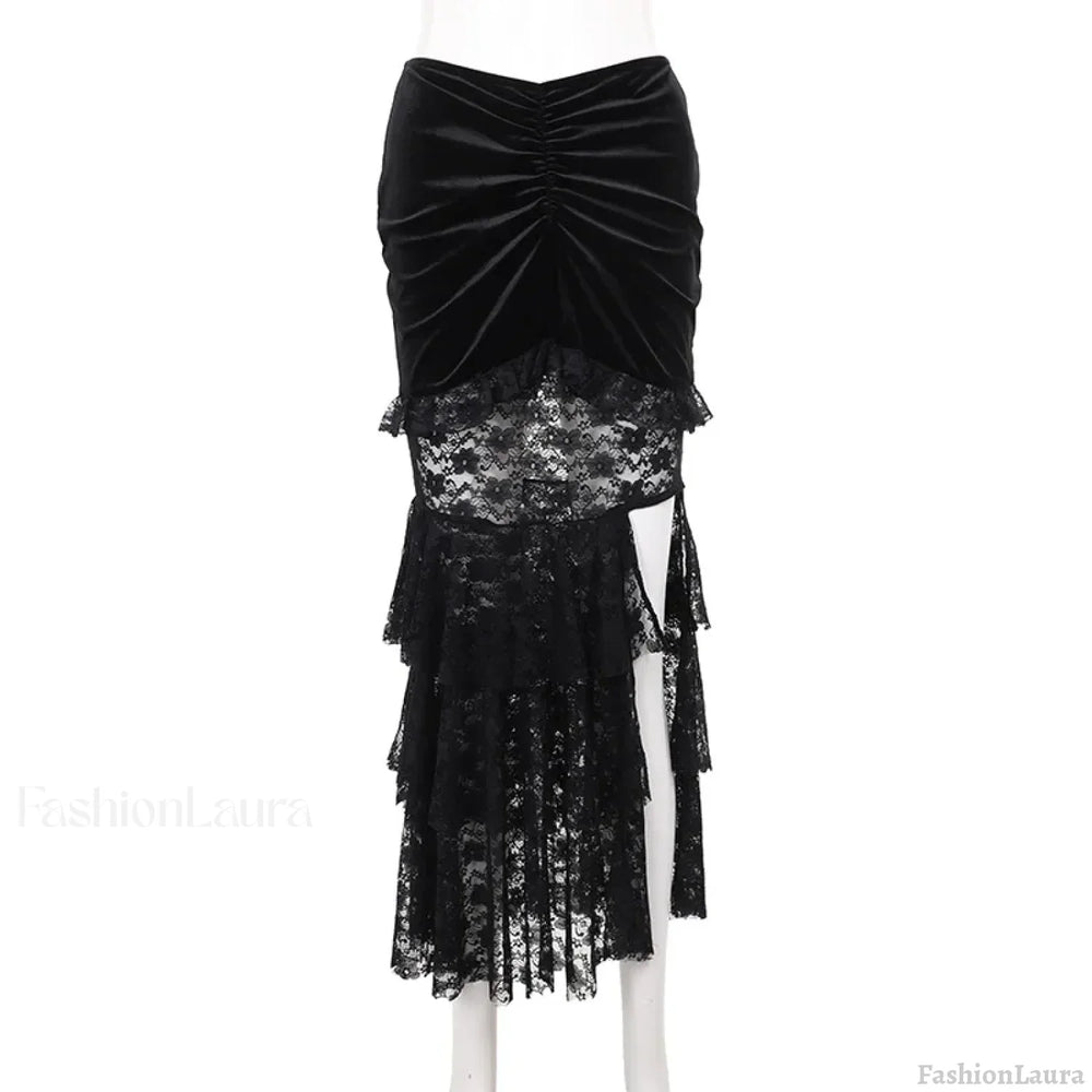 Gothic Folding Fishtail Multi-layer Splicing Split Woman Velvet High Waist Lace Patchwork Mermaid Skirt Black / S