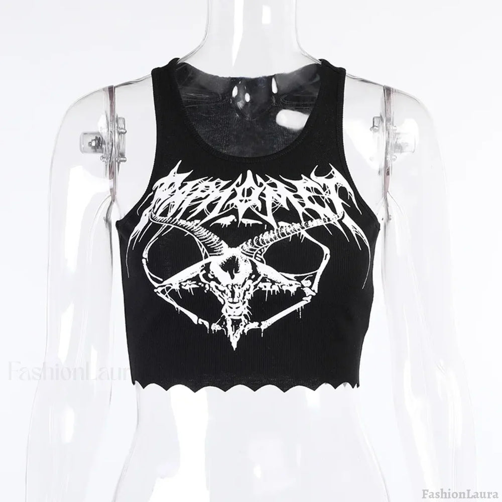 Gothic Grunge Knitted Punk Black Goat Print Crop Top BLACK / S