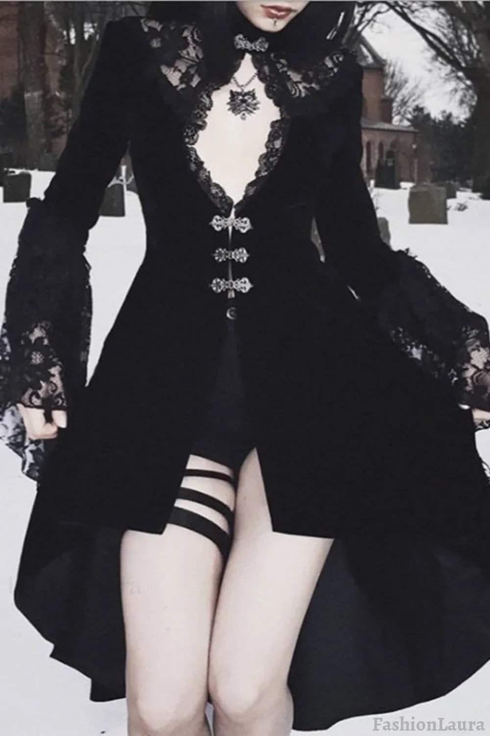 Gothic Lace Cutout Lantern Sleeve Dress