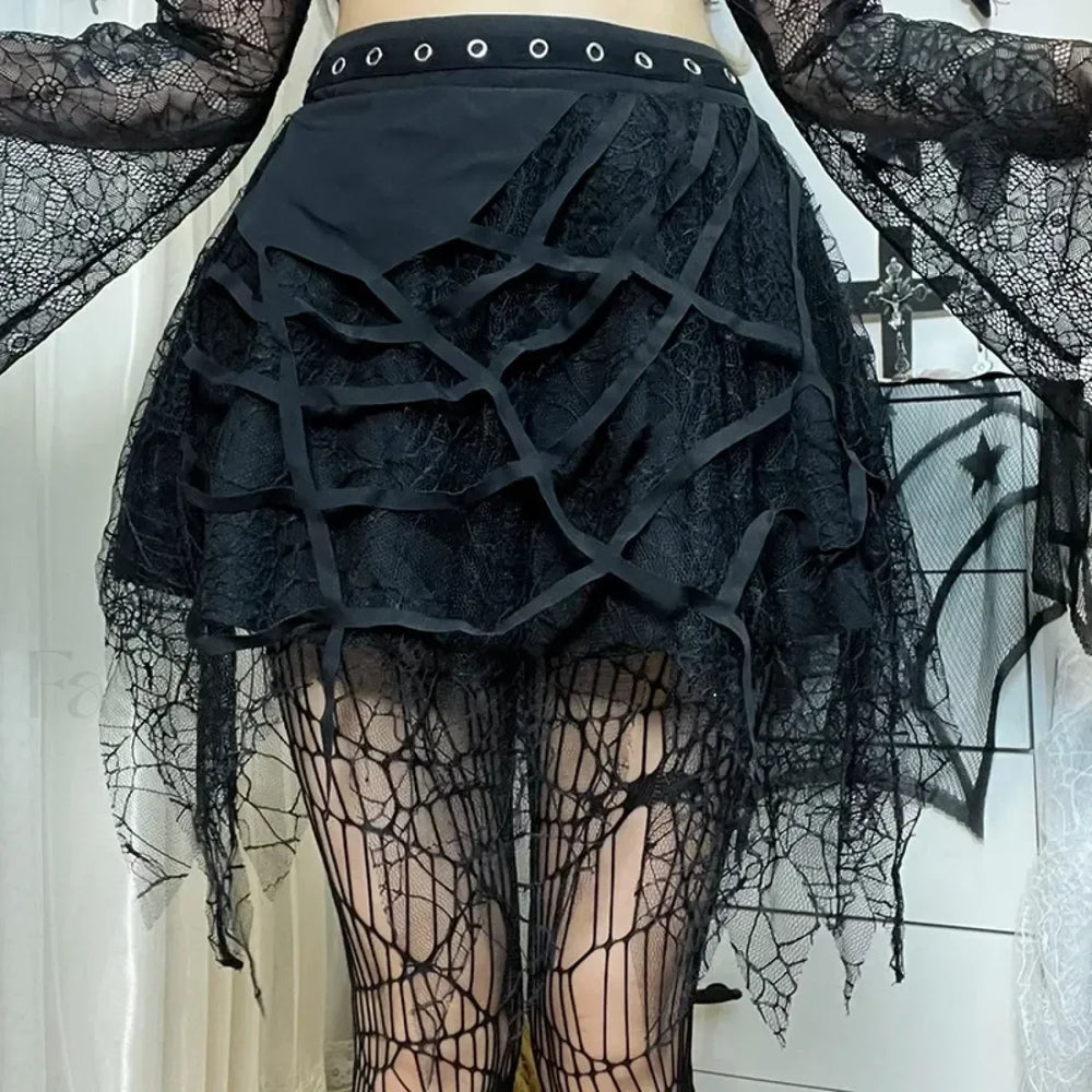 Gothic Mini Y2K Harajuku Web Patchwork Lace Tassel Dark Academy Street Woman With Belt Fairy Grunge Skirt