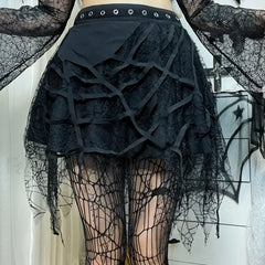 Gothic Mini Y2K Harajuku Web Patchwork Lace Tassel Dark Academy Street Woman With Belt Fairy Grunge Skirt