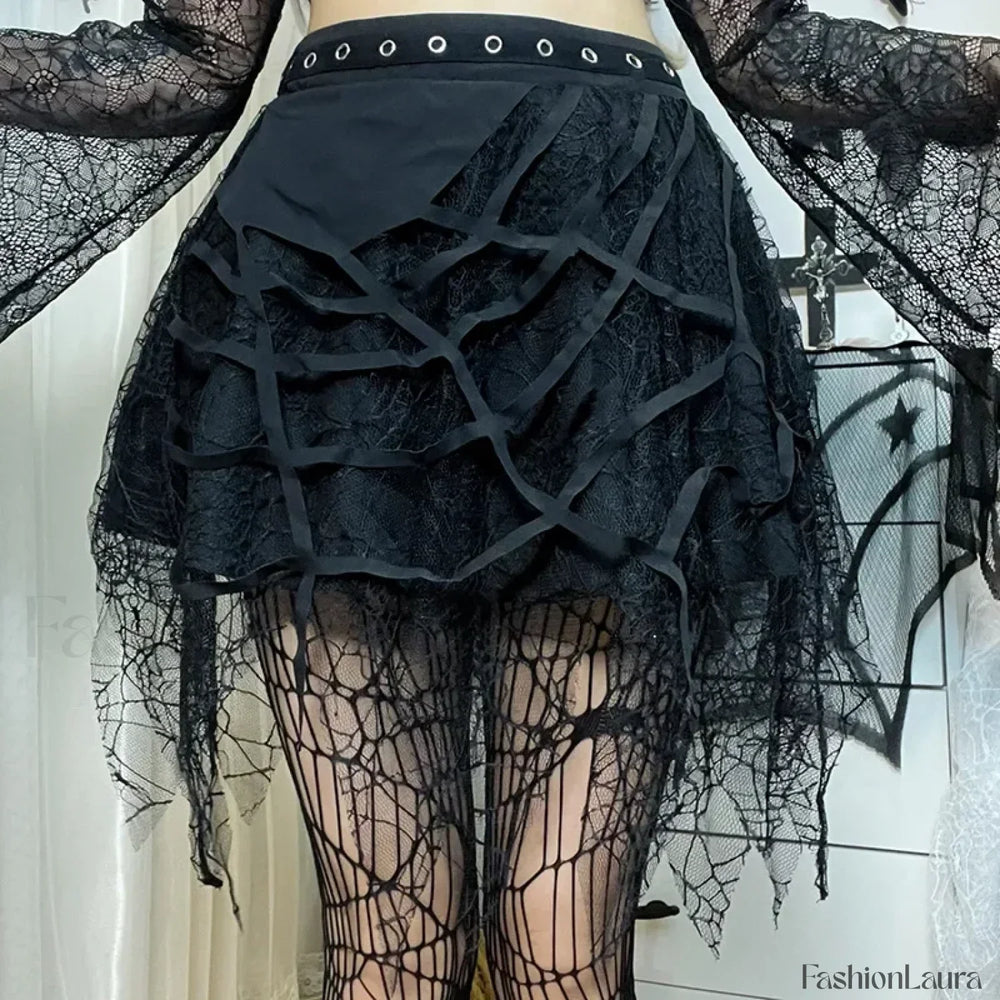 Gothic Mini Y2K Harajuku Web Patchwork Lace Tassel Dark Academy Street Woman With Belt Fairy Grunge Skirt