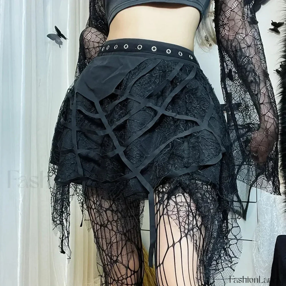Gothic Mini Y2K Harajuku Web Patchwork Lace Tassel Dark Academy Street Woman With Belt Fairy Grunge Skirt