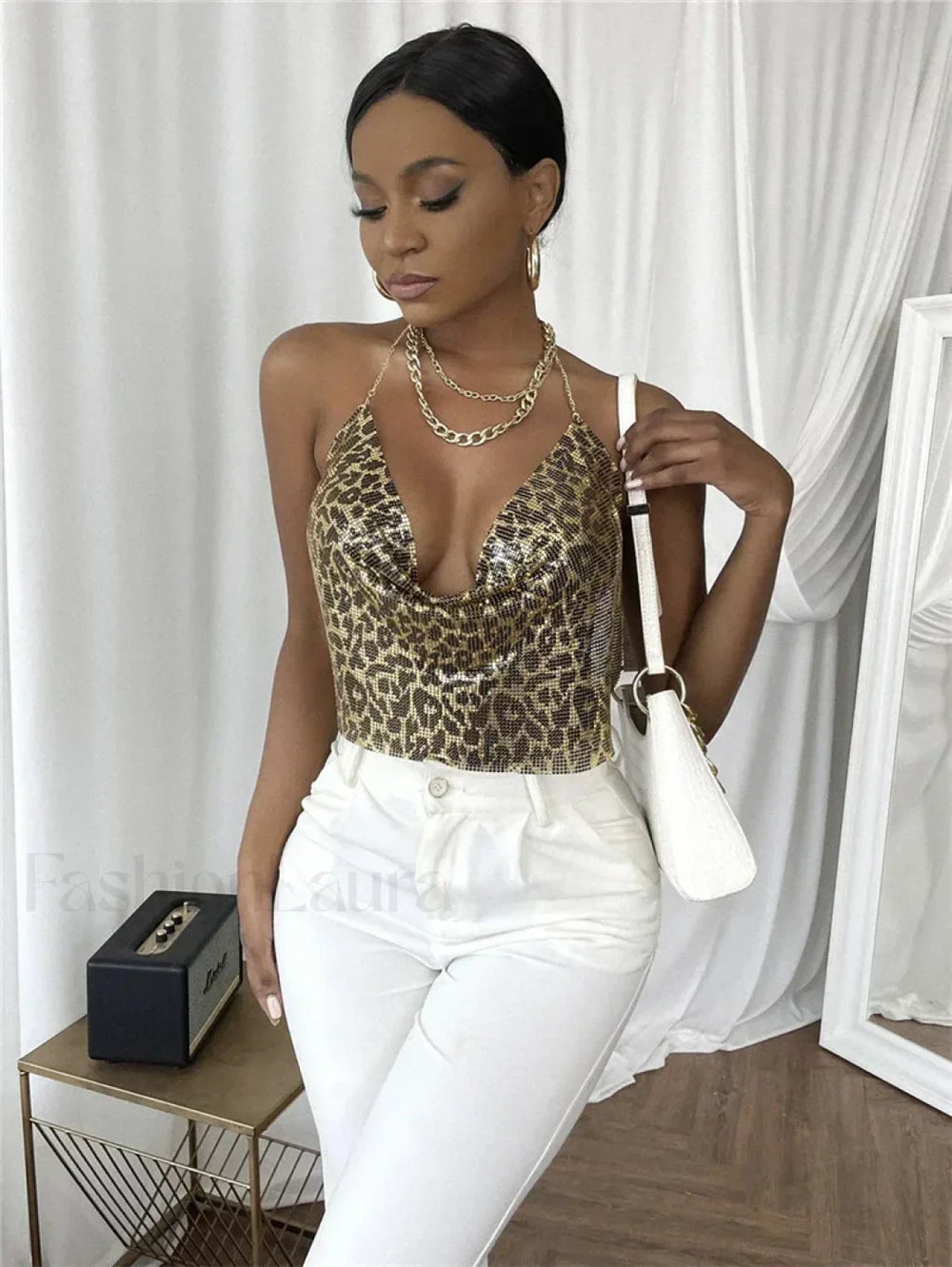 Gothic Party Club Corset Rhinestones Top Leopard gold / S
