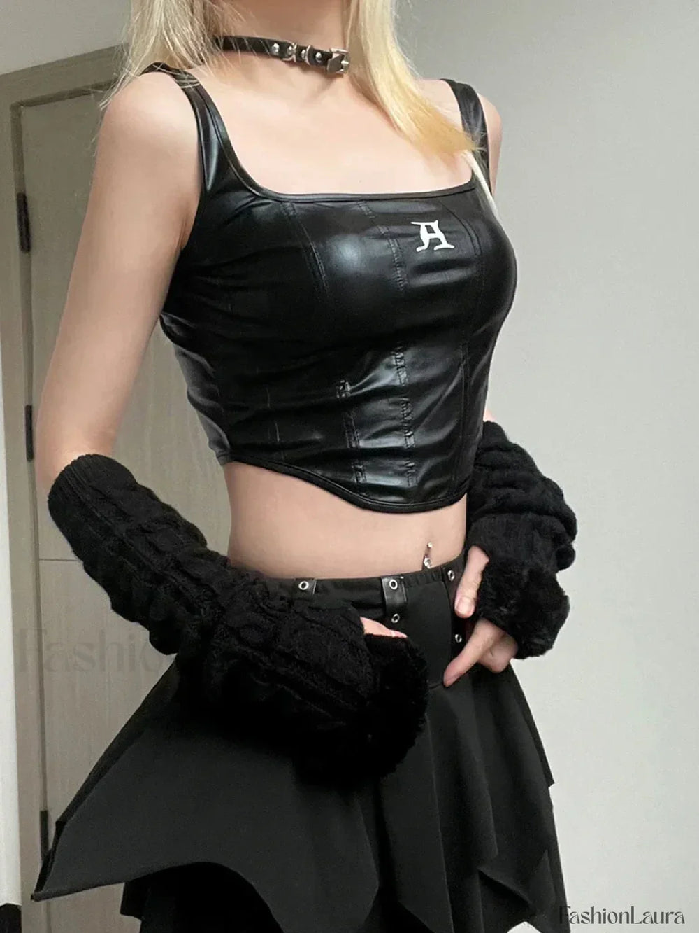 Gothic PU Top Tank Streetwear Black Crop Casual Top
