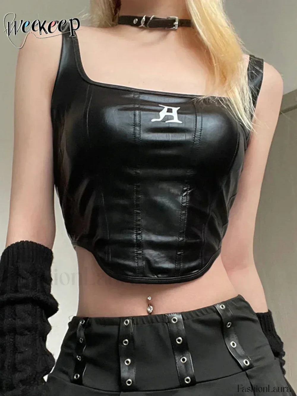 Gothic PU Top Tank Streetwear Black Crop Casual Top Black / S