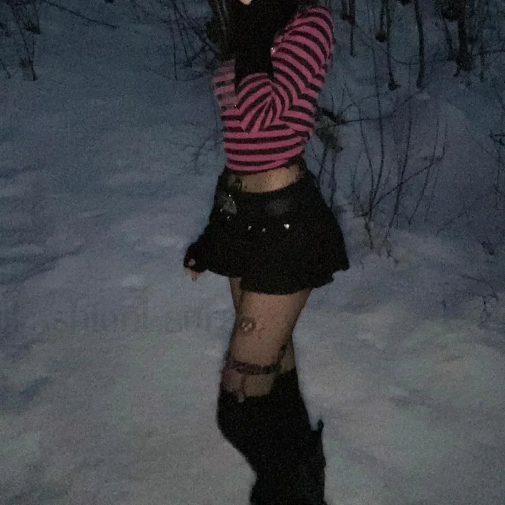 Gothic Skull Punk Crop Rhinestone Academia Striped Dark Top