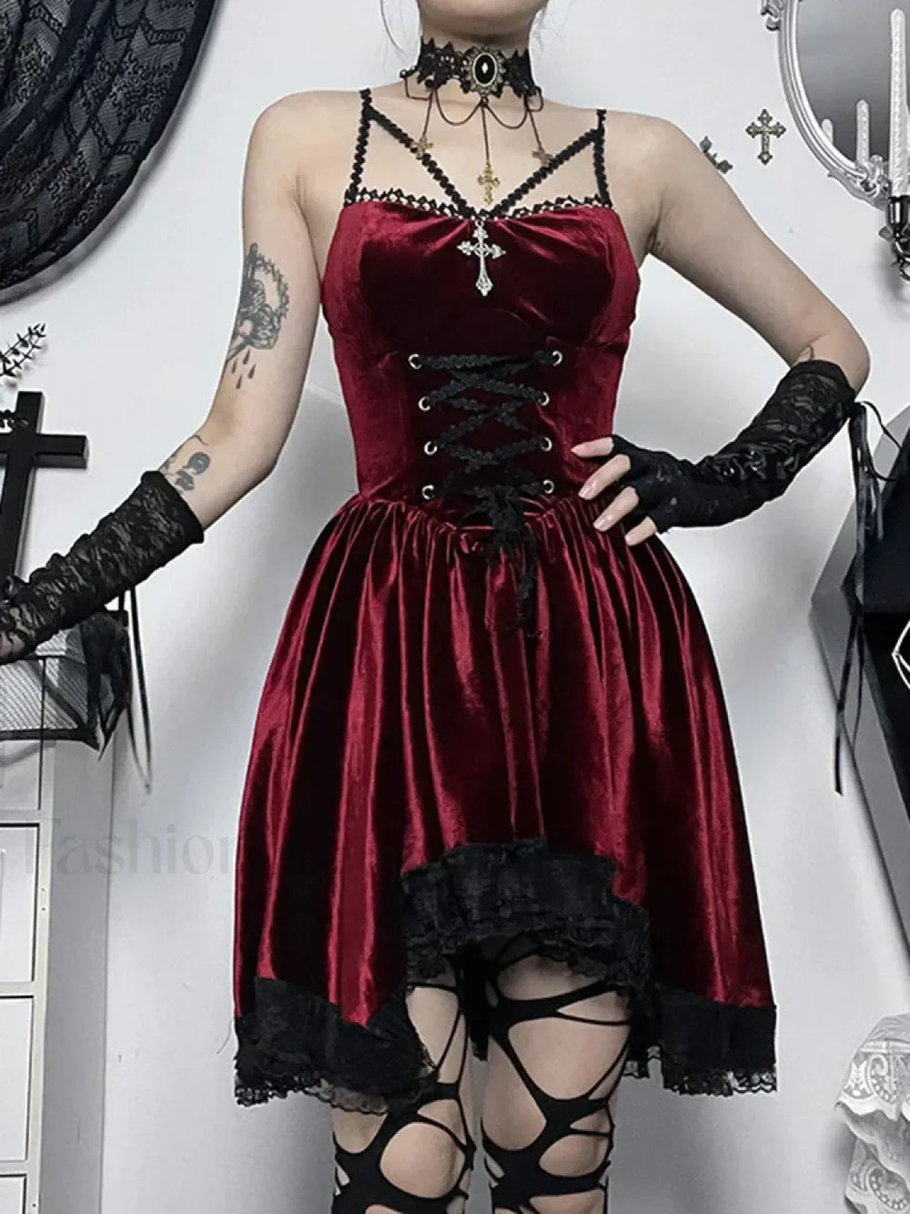 Gothic Strap Casual Spaghetti Up Vintage Lace Bodycon Velvet Cami Romantic Dress