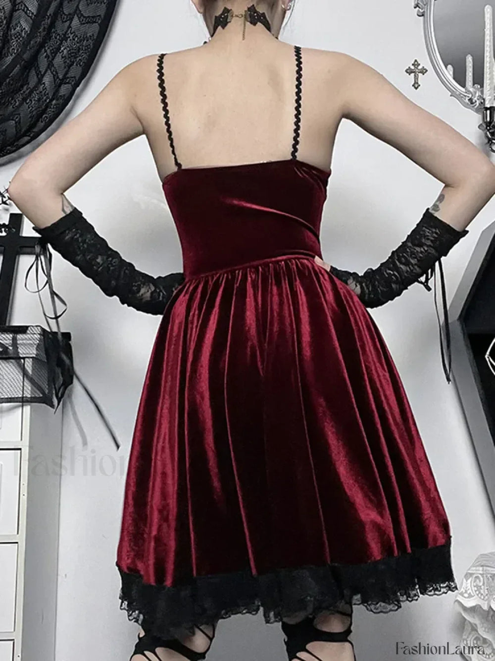 Gothic Strap Casual Spaghetti Up Vintage Lace Bodycon Velvet Cami Romantic Dress
