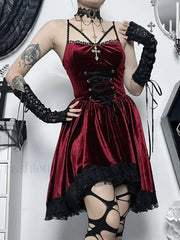Gothic Strap Casual Spaghetti Up Vintage Lace Bodycon Velvet Cami Romantic Dress