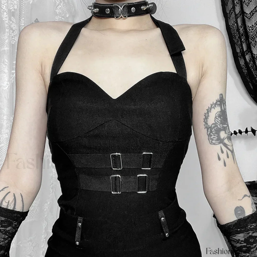 Gothic Summer 2024 Plaid Patchwork Shorts with Halter Waist Cinch