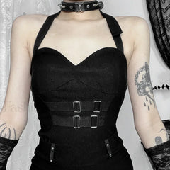 Gothic Summer 2024 Plaid Patchwork Shorts with Halter Waist Cinch