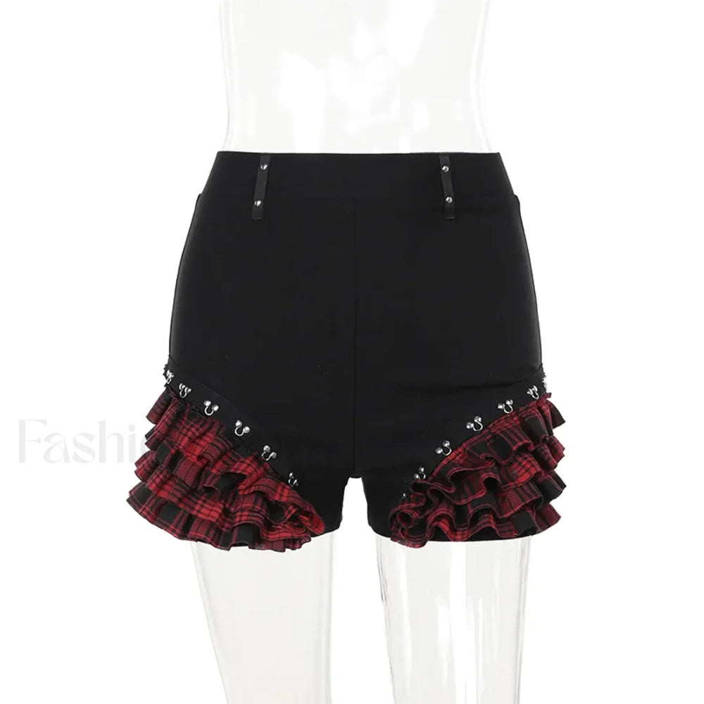 Gothic Summer 2024 Plaid Patchwork Shorts with Halter Waist Cinch Blue / S