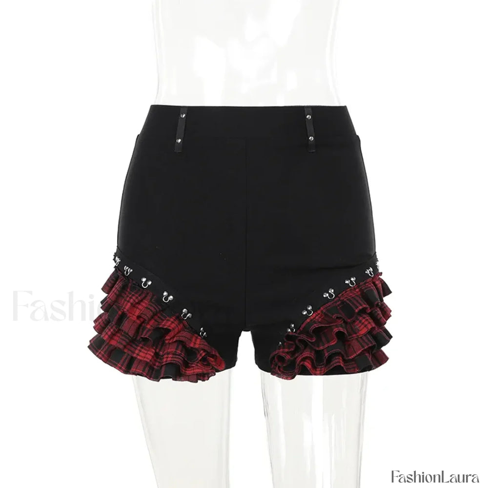Gothic Summer 2024 Plaid Patchwork Shorts with Halter Waist Cinch Blue / S
