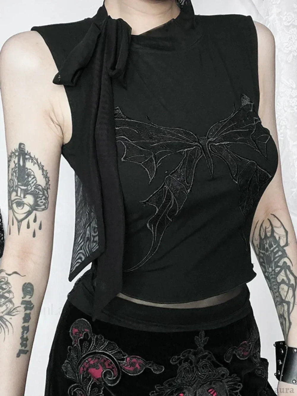 Gothic Vintage Sexy Butterfly Embroidered Lace Crop Top Beige / XS