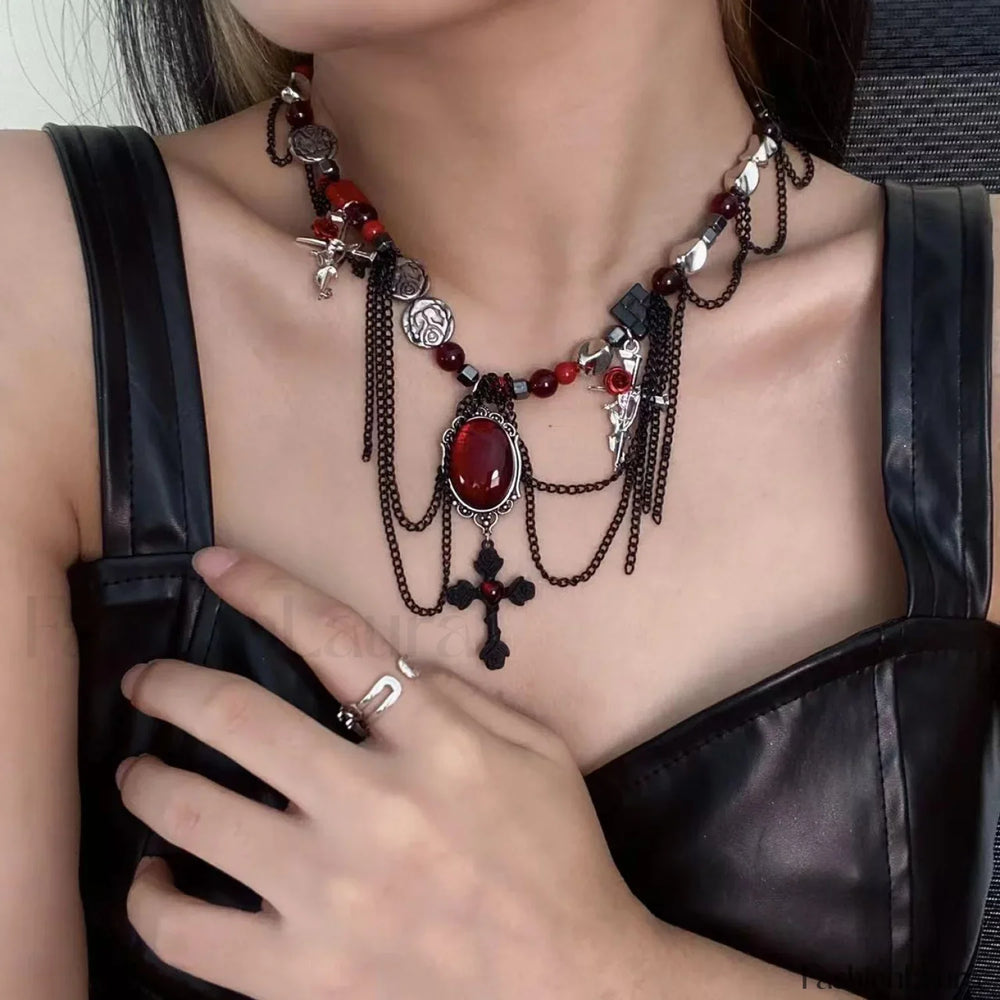 Gothic Wrapped Flower Cross Pendant Necklace RED