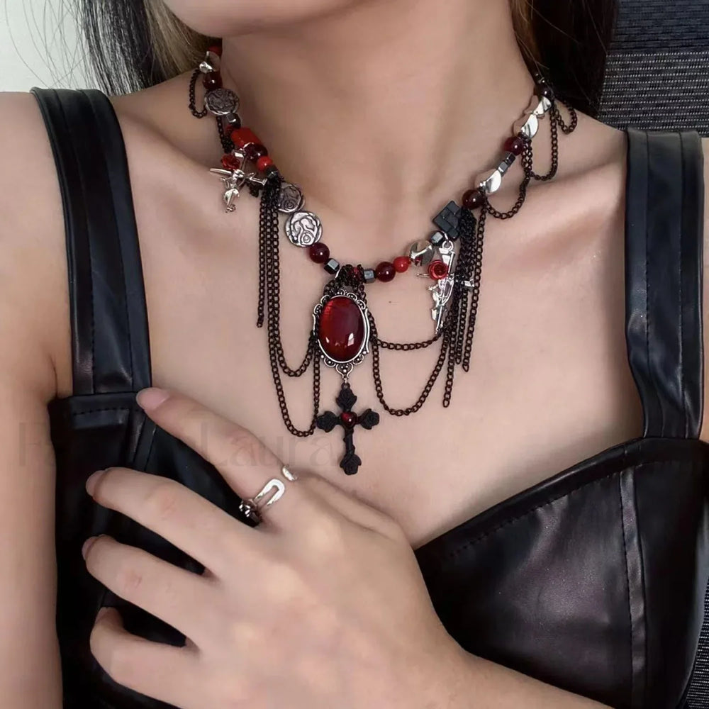 Gothic Wrapped Flower Cross Pendant Necklace RED