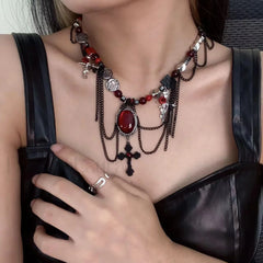 Gothic Wrapped Flower Cross Pendant Necklace RED
