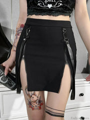 Gothic Zip Split Sexy Women Mini Grunge Strap Black High Waist Pencil E-girl Skirt Black / S