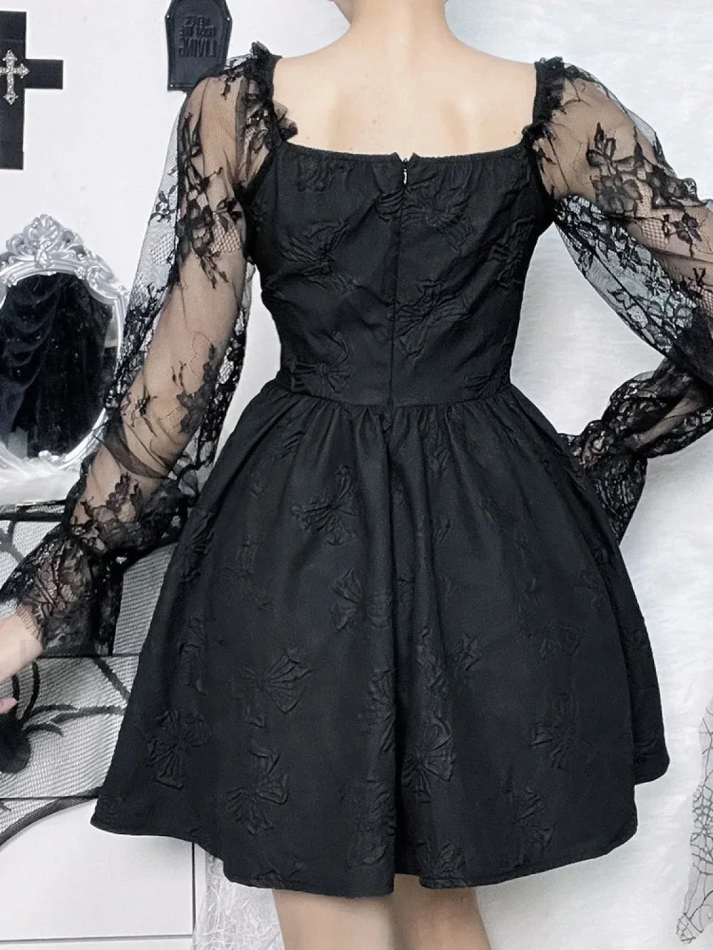 Grunge Party High Waist Gothic Dark Sexy A Line Jacquard Sleeve Lolita Vintage Harajuku Dress