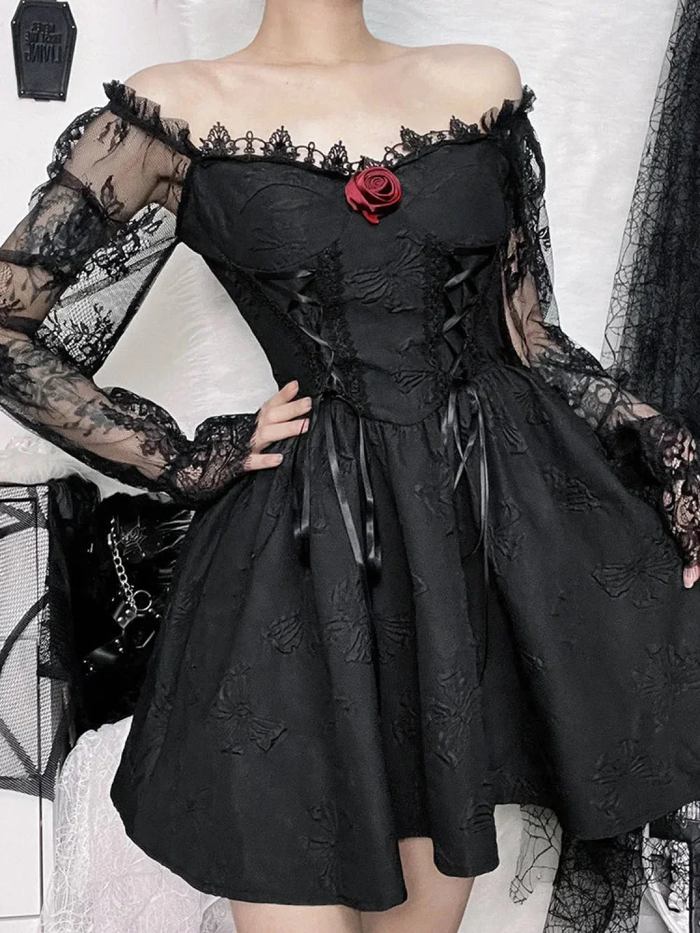 Grunge Party High Waist Gothic Dark Sexy A Line Jacquard Sleeve Lolita Vintage Harajuku Dress