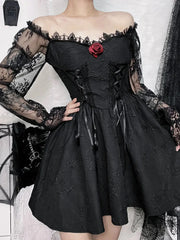 Grunge Party High Waist Gothic Dark Sexy A Line Jacquard Sleeve Lolita Vintage Harajuku Dress
