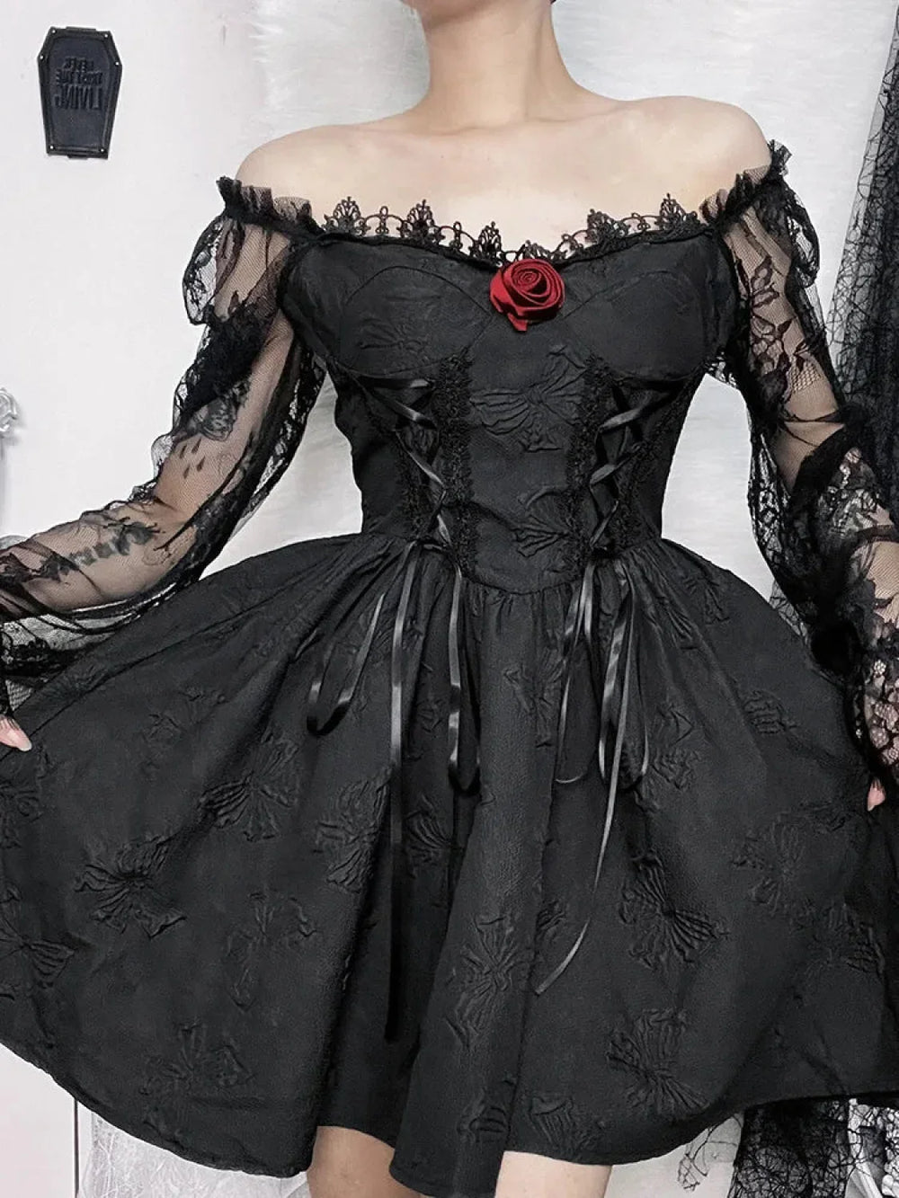 Grunge Party High Waist Gothic Dark Sexy A Line Jacquard Sleeve Lolita Vintage Harajuku Dress