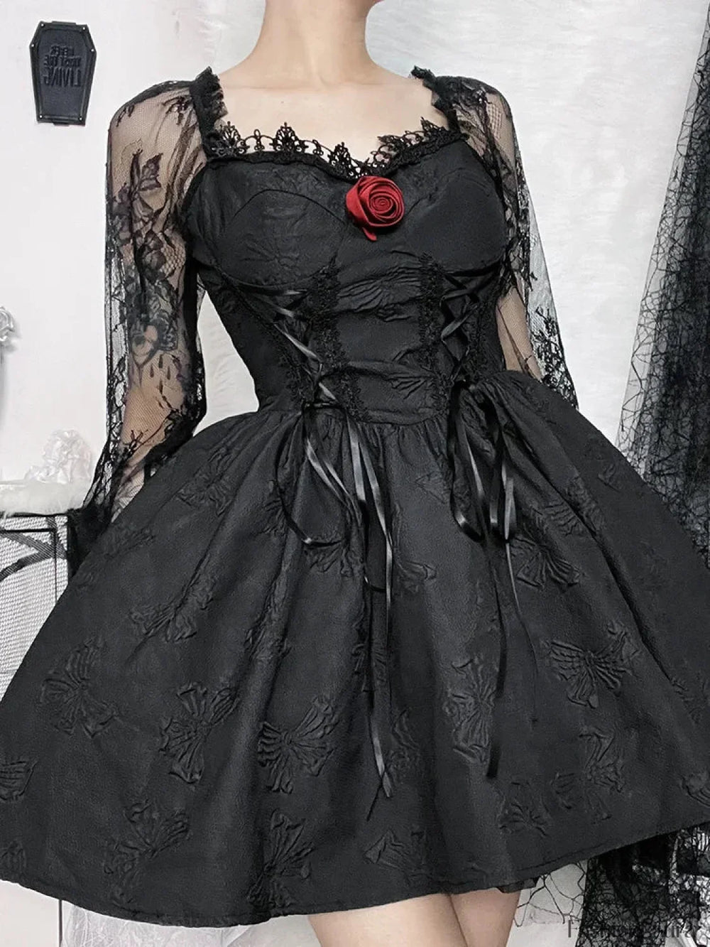 Grunge Party High Waist Gothic Dark Sexy A Line Jacquard Sleeve Lolita Vintage Harajuku Dress