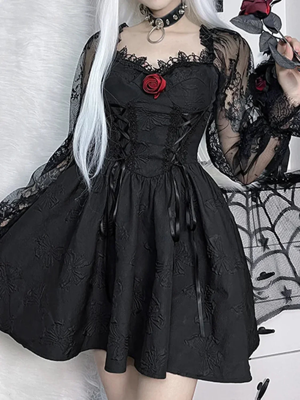 Grunge Party High Waist Gothic Dark Sexy A Line Jacquard Sleeve Lolita Vintage Harajuku Dress