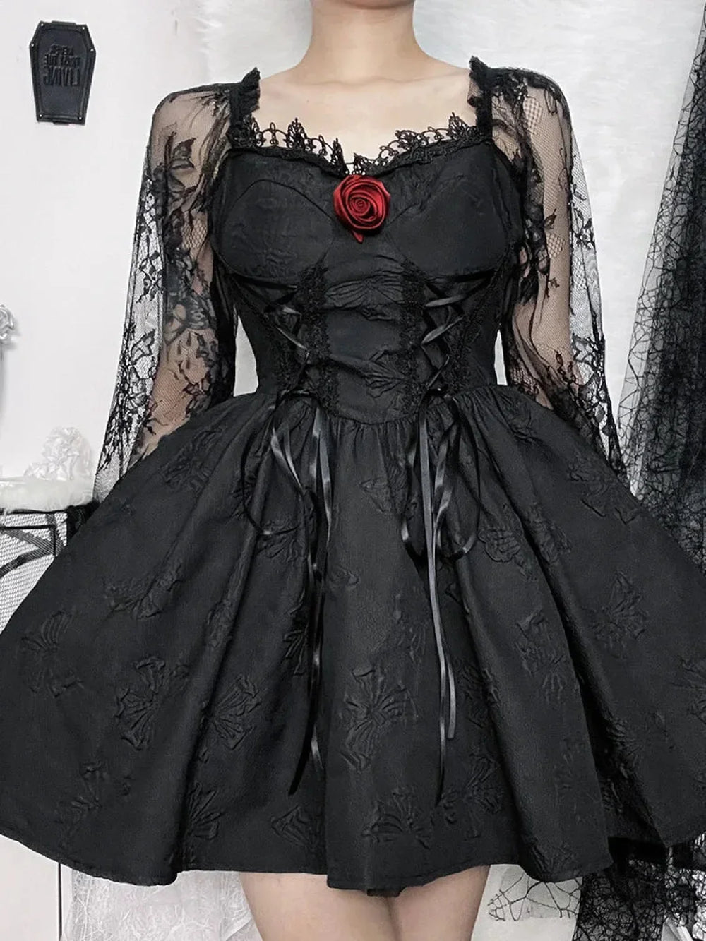 Grunge Party High Waist Gothic Dark Sexy A Line Jacquard Sleeve Lolita Vintage Harajuku Dress Black / S