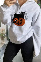 Halloween Pumpkin Cat Print Cotton Hoodie Grey / S