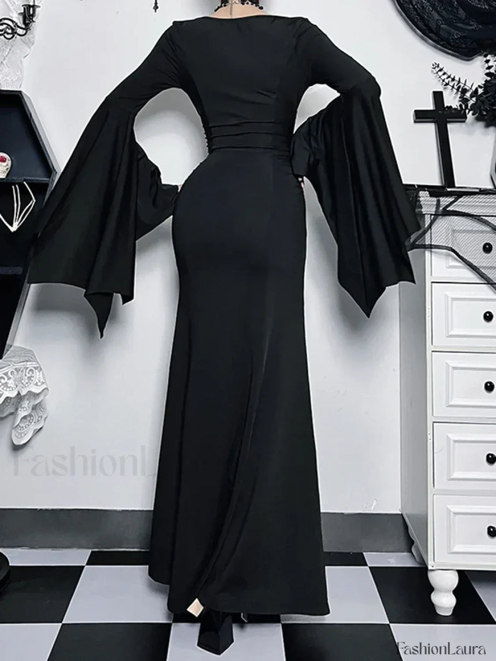 Halloween Sheath Witch Vintage Batwing Sleeve V Neck Long Formal Evening Dress