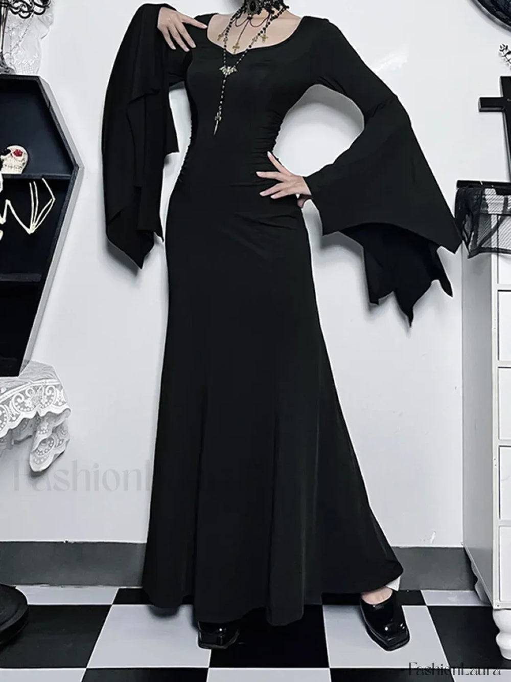 Halloween Sheath Witch Vintage Batwing Sleeve V Neck Long Formal Evening Dress
