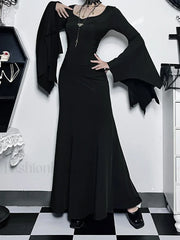 Halloween Sheath Witch Vintage Batwing Sleeve V Neck Long Formal Evening Dress