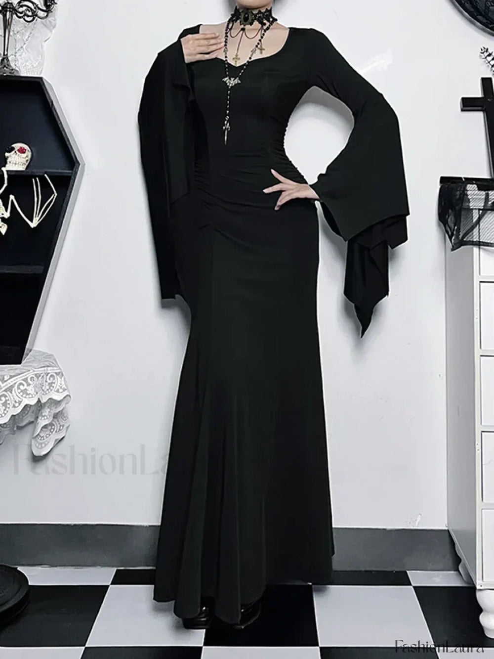Halloween Sheath Witch Vintage Batwing Sleeve V Neck Long Formal Evening Dress