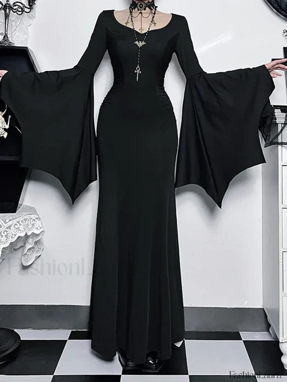 Halloween Sheath Witch Vintage Batwing Sleeve V Neck Long Formal Evening Dress