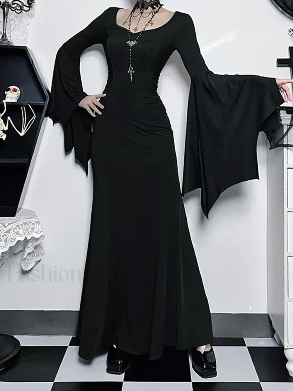 Halloween Sheath Witch Vintage Batwing Sleeve V Neck Long Formal Evening Dress