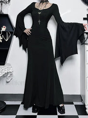 Halloween Sheath Witch Vintage Batwing Sleeve V Neck Long Formal Evening Dress