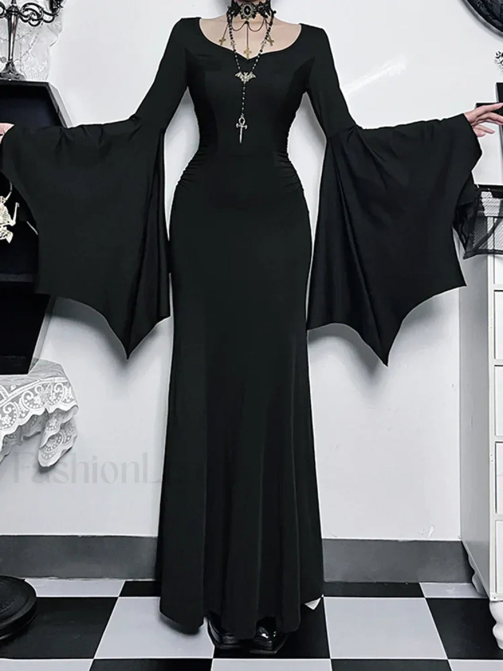 Halloween Sheath Witch Vintage Batwing Sleeve V Neck Long Formal Evening Dress