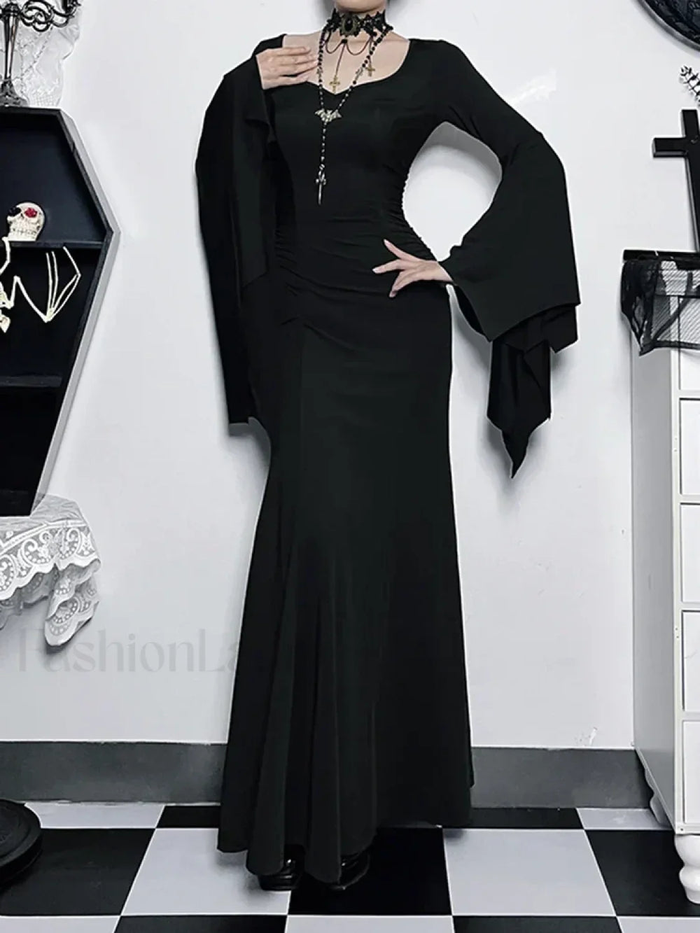 Halloween Sheath Witch Vintage Batwing Sleeve V Neck Long Formal Evening Dress