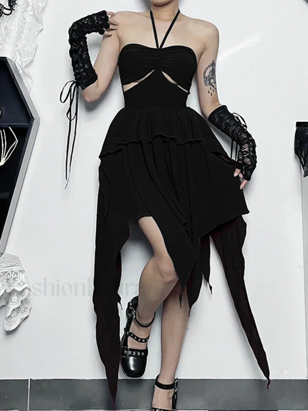Halter Bodycon Sleeveless Party Hem Mini Cocktail Ruched Neck A Line Sexy Asymmetrical Dress Black / S